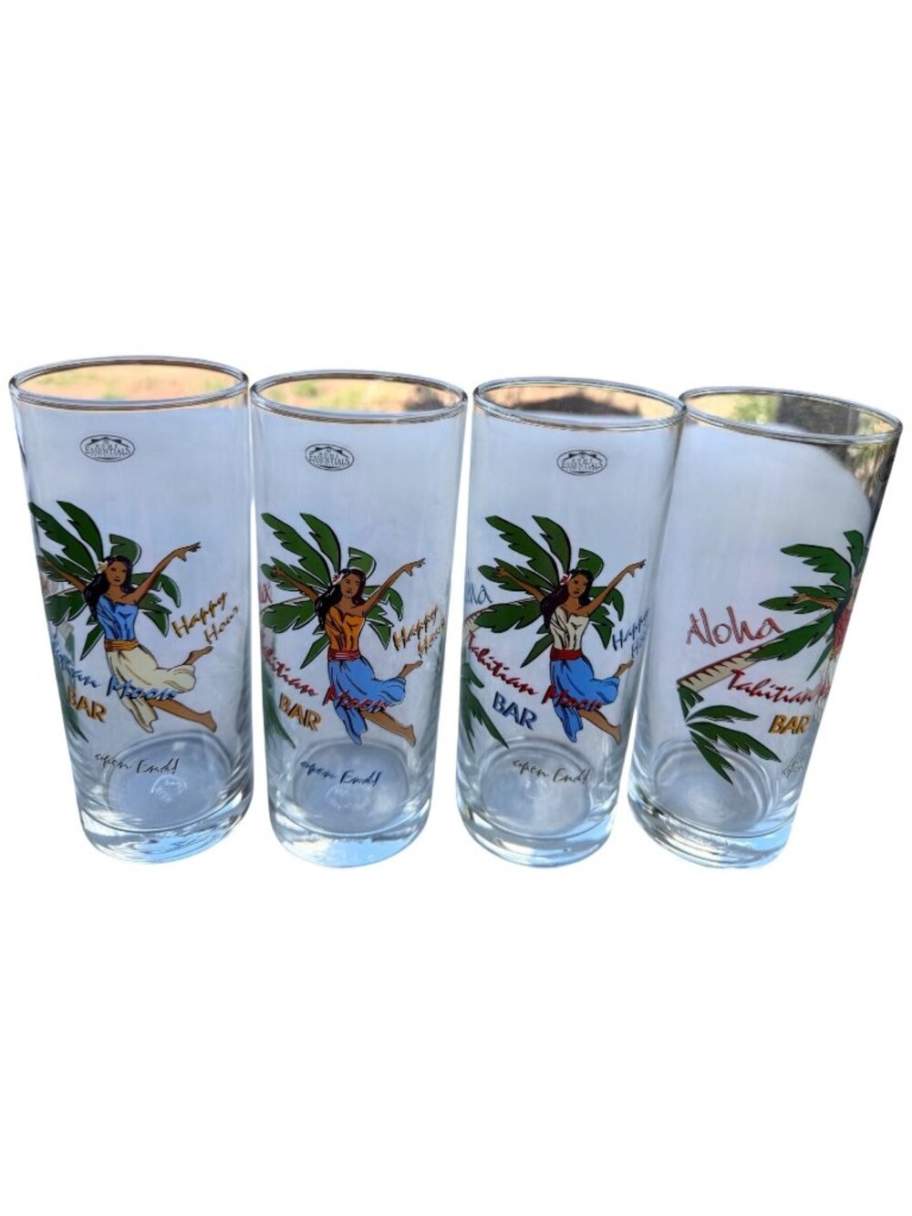 Set of 4 Aloha Tahitian Moon Bar 16 oz. Drinking Glasses w/Hula Dancer 6.5" Tall